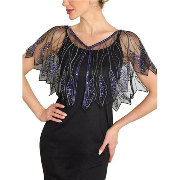Women's Shawl Wraps, Sequin Beaded Flapper Black x Blue - Picture 1 of 6
